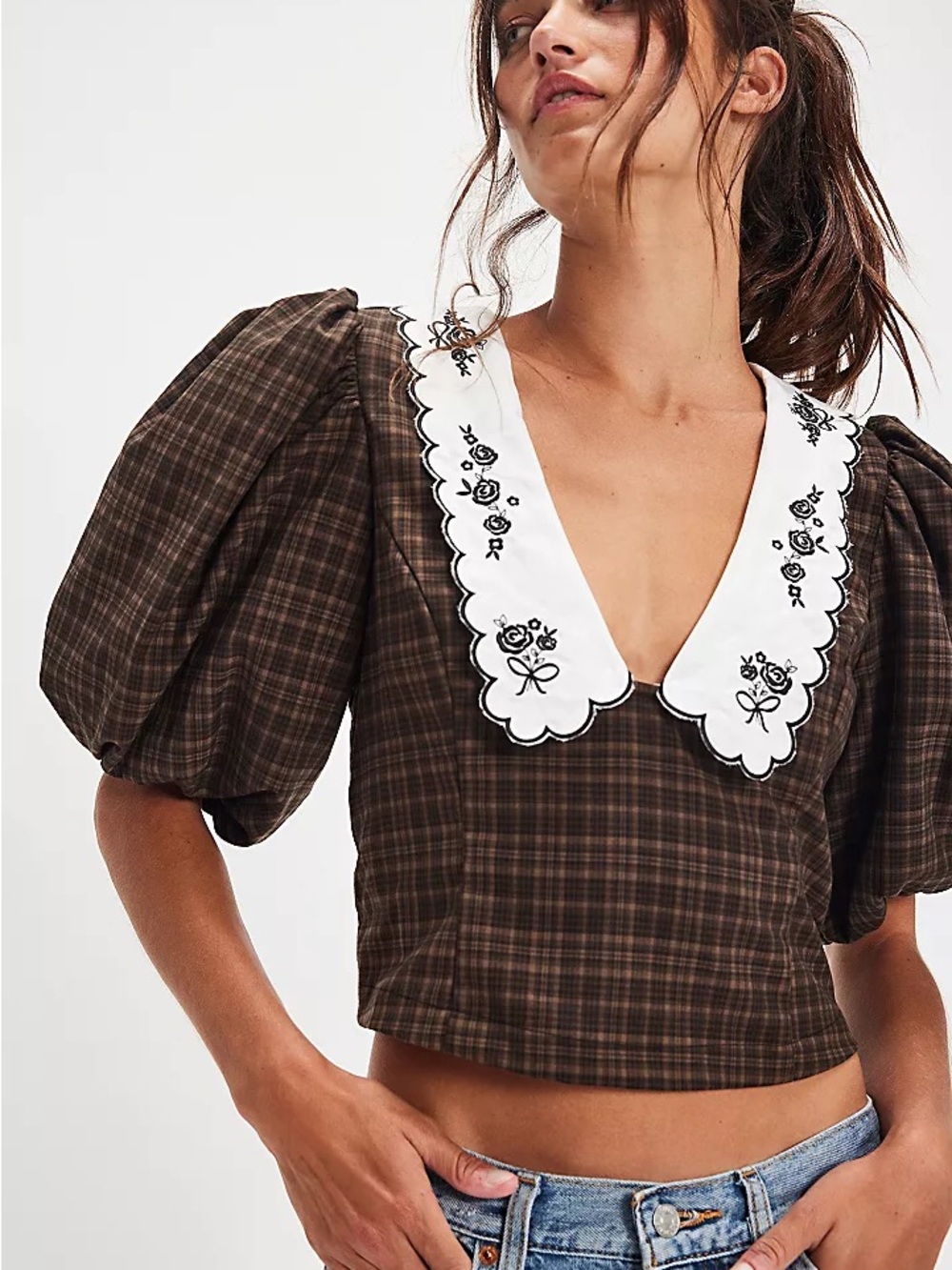 For Love & Lemons NWT University Plaid Embroidered Puff Sleeve Top, Size XS